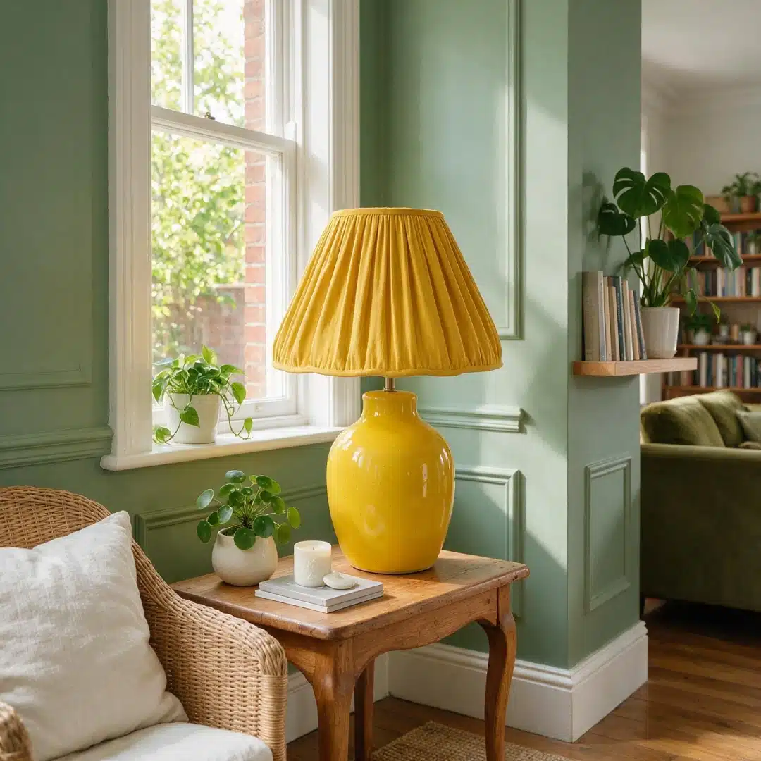 Mustard yellow table lamp against sage green walls
