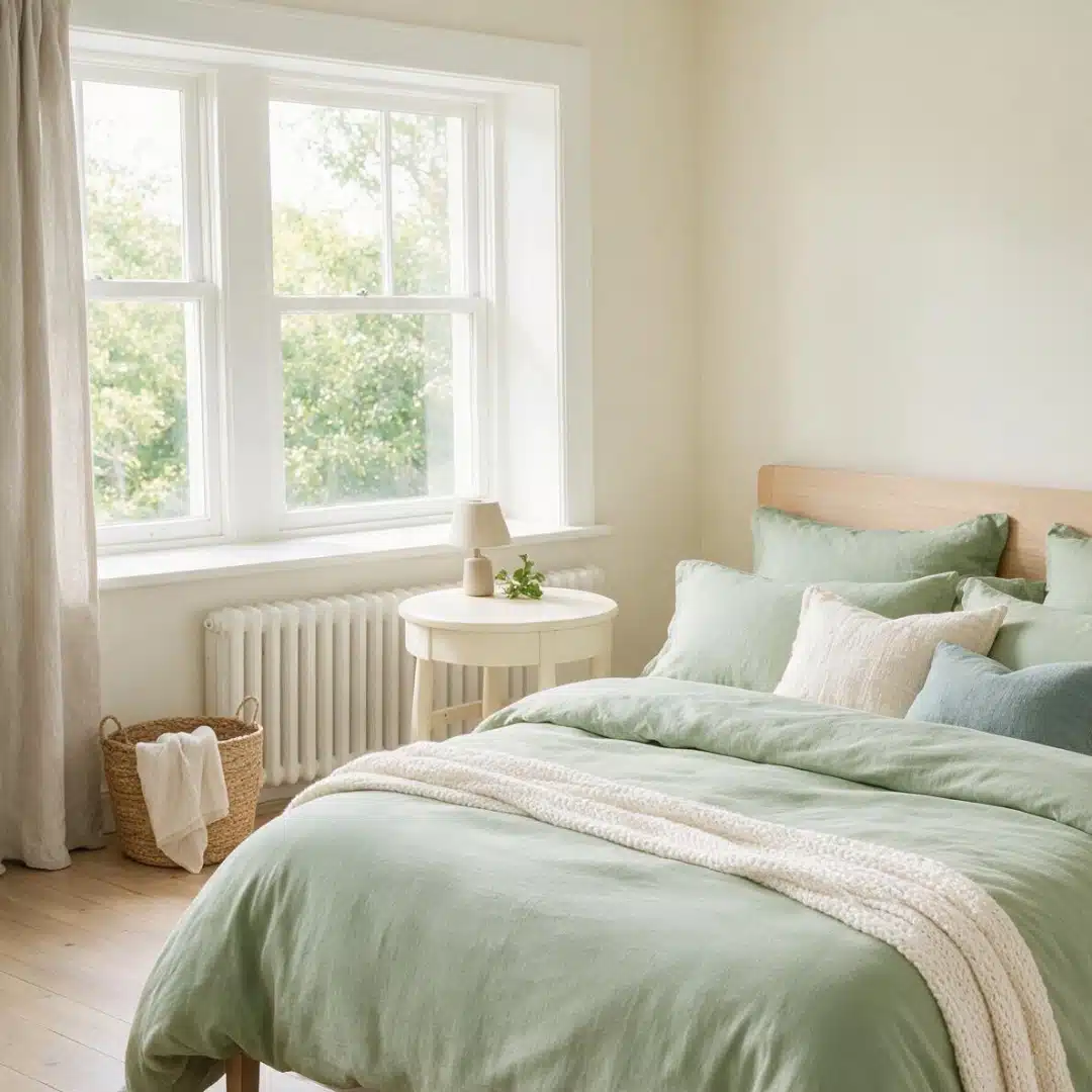 Sage green bedding on a bed in a bright room with off-white walls