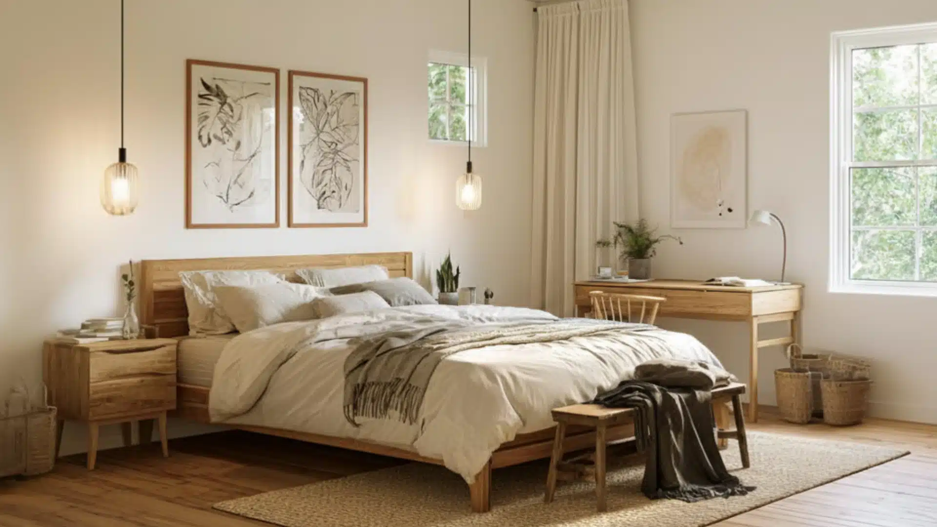 Scandinavian bedroom with light wood furniture, neutral bedding, pendant lights, minimalist artwork, natural textures, and a simple workspace.