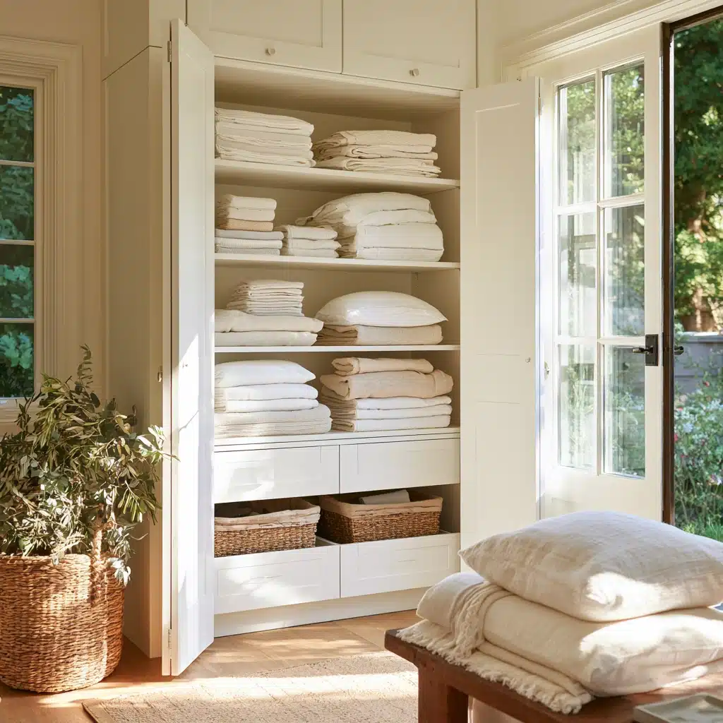 Open linen cabinet filled with folded sheets, towels, pillows, and baskets.