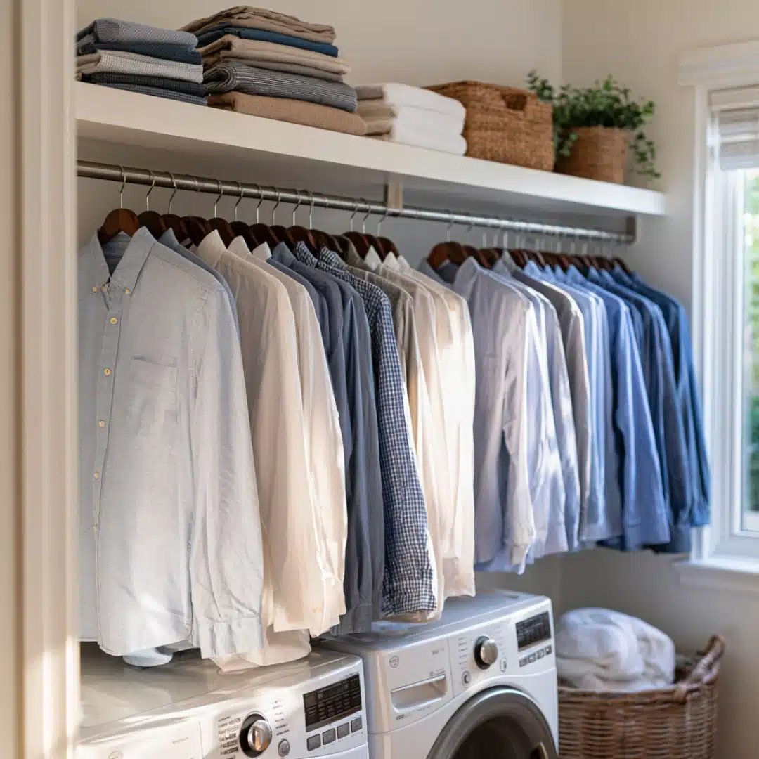 Hanging rail with neatly arranged shirts beneath a shelf holding folded linens.