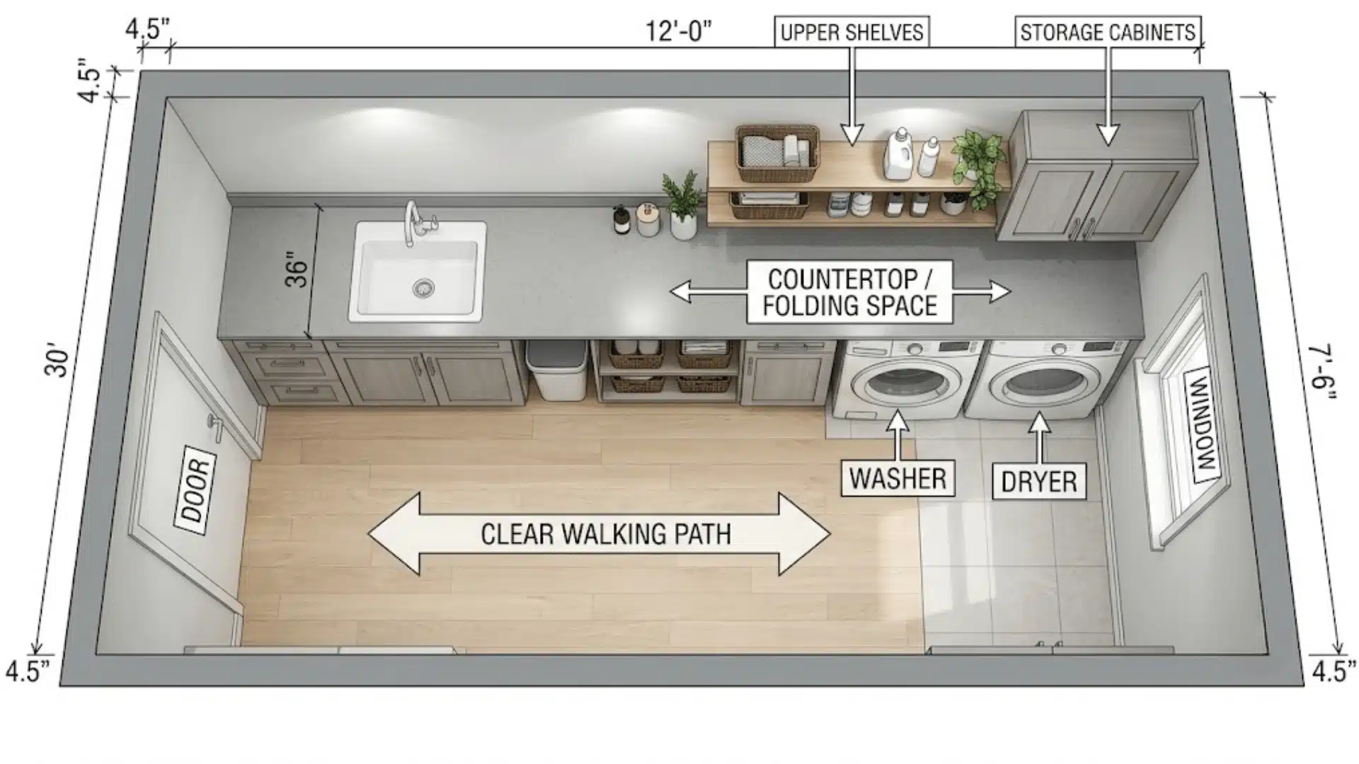 Top down single wall laundry layout with washer, dryer, sink, shelves, and storage.