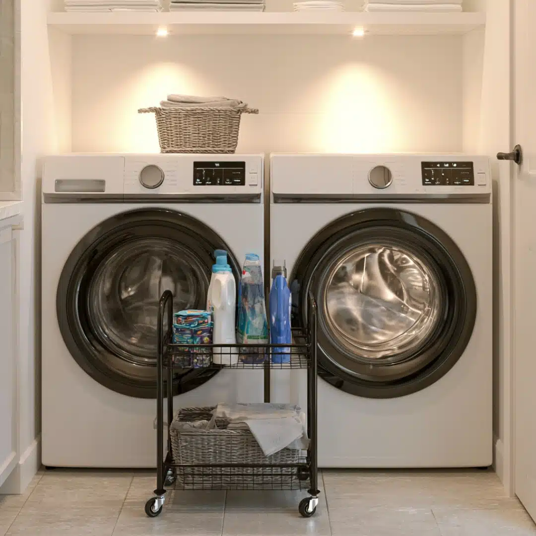 Slim rolling laundry cart with detergent and towels between washer and dryer.