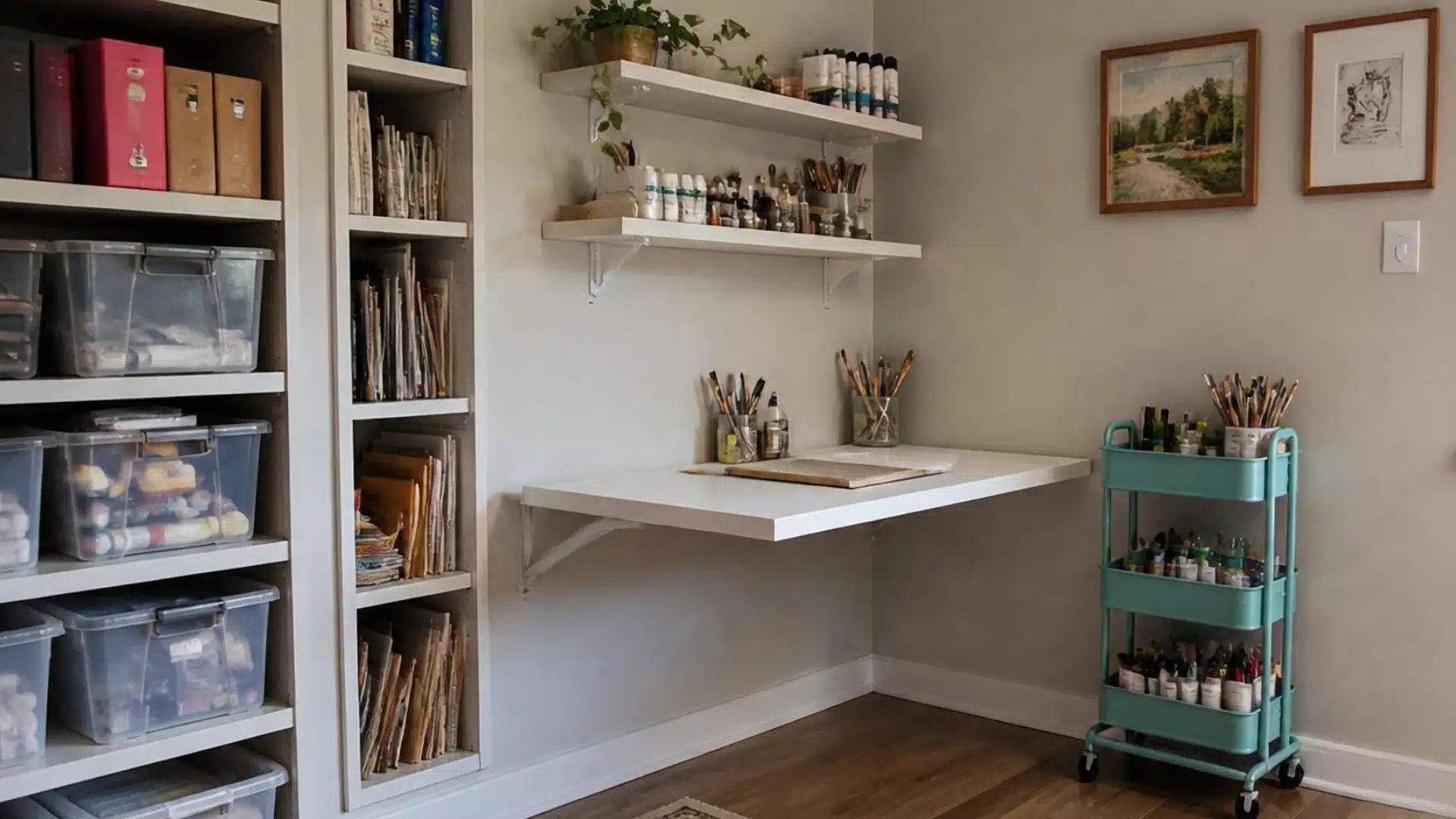 Small art studio with wall-mounted desk, vertical shelving, storage bins, and rolling cart for space-saving organization.