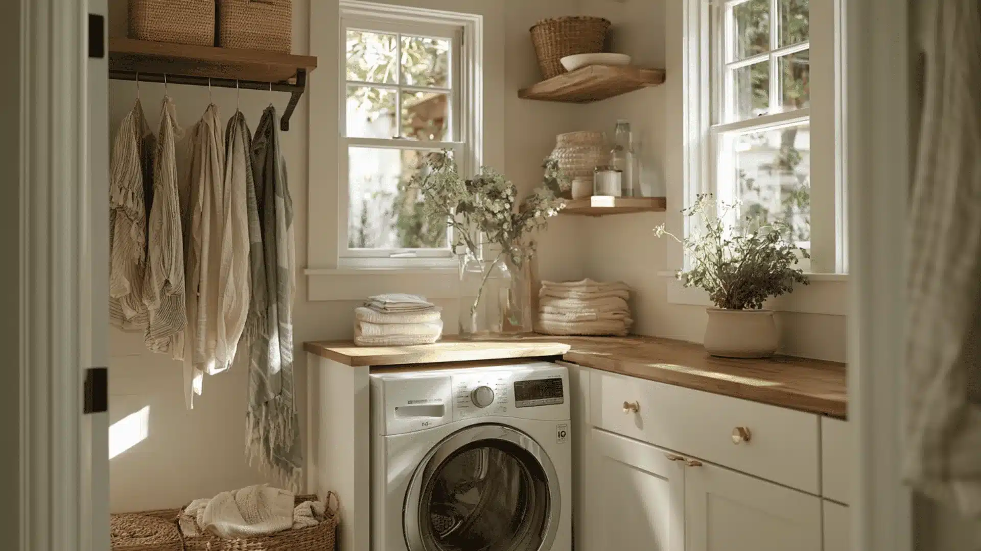 Small laundry room with washer, wood counters, open shelves, baskets, and drying rail.