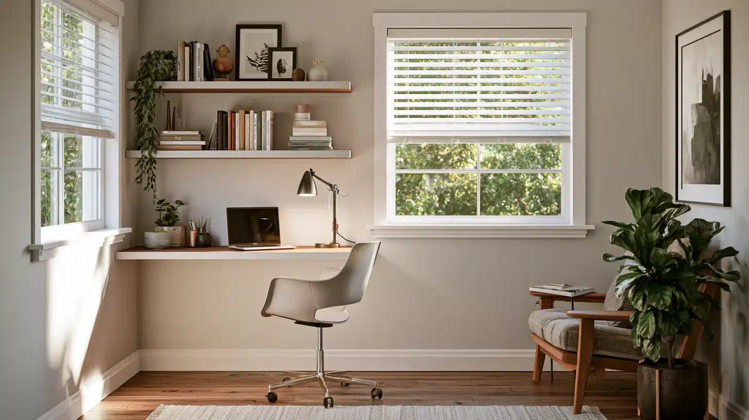 Bedroom with a gray upholstered bed, striped bedding and orange pillow, guitar, desk and chair, window, curtains, and bedside table.