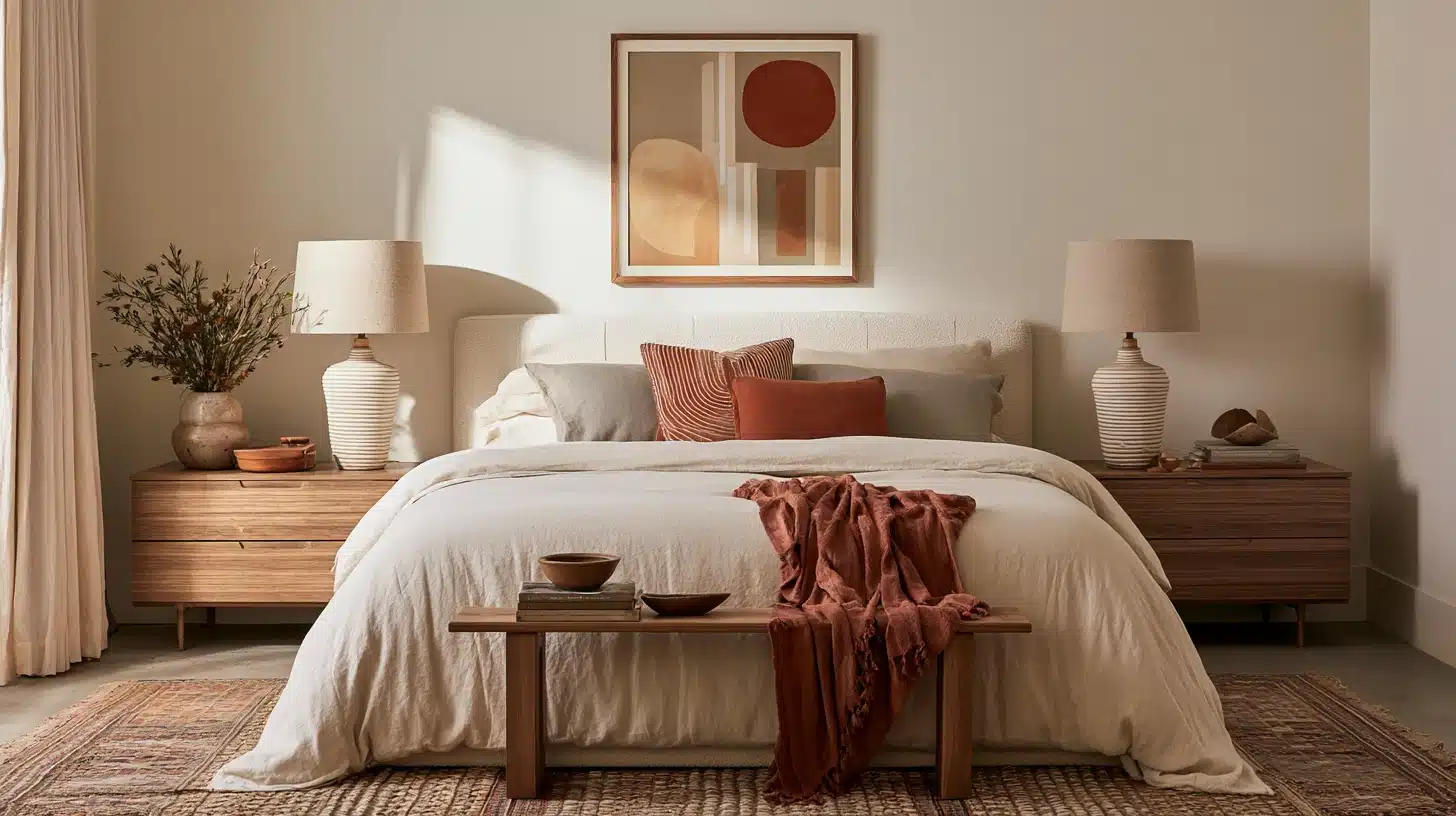 Warm <echighlighted><echighlighted>boho bedroom</echighlighted></echighlighted> with cream bedding, terracotta pillows and throw, wooden nightstands, matching lamps, abstract wall art, and layered rugs.