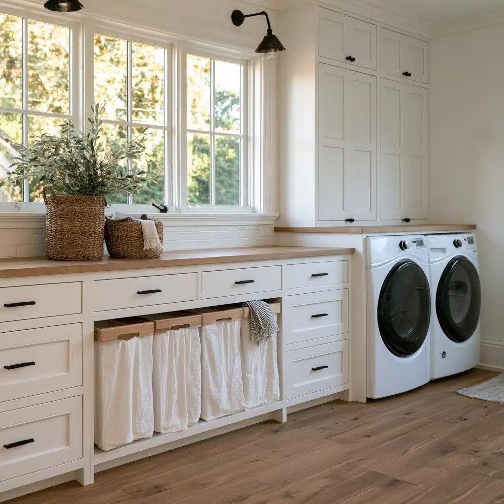 Bright laundry room with built in hampers, white cabinetry, and twin machines.
