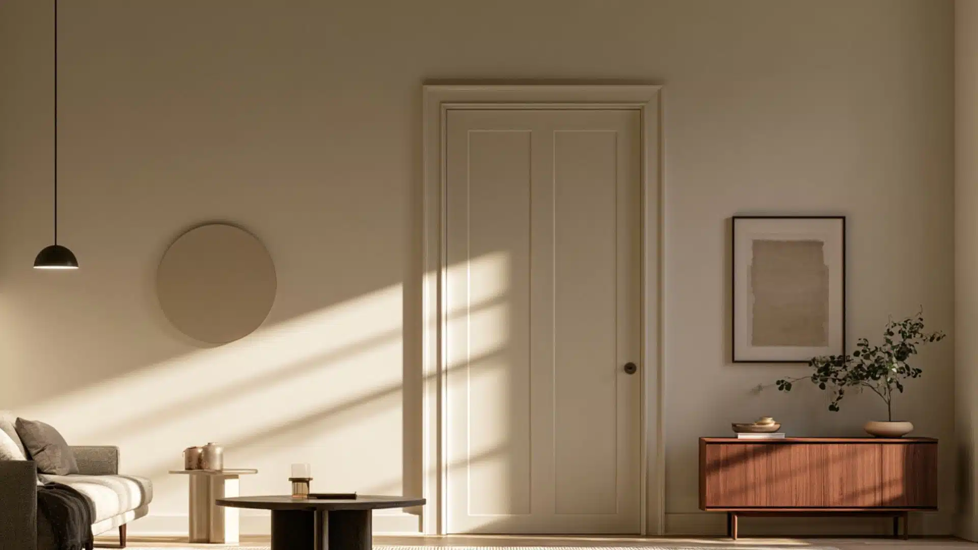 Square edge door casing with clean straight lines framing a neutral door in a minimalist modern living space.