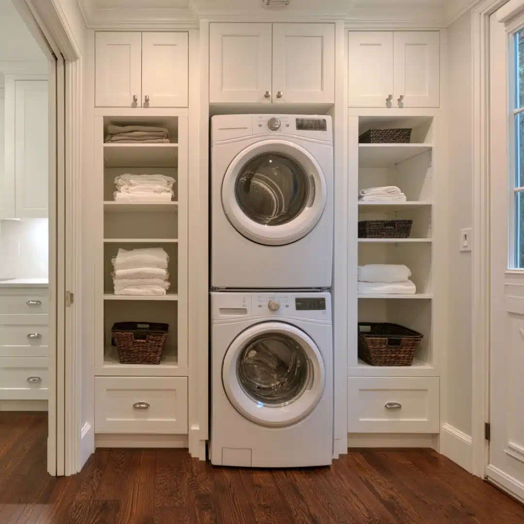 Stacked washer and dryer framed by shelves, cabinets, baskets, and folded towels.