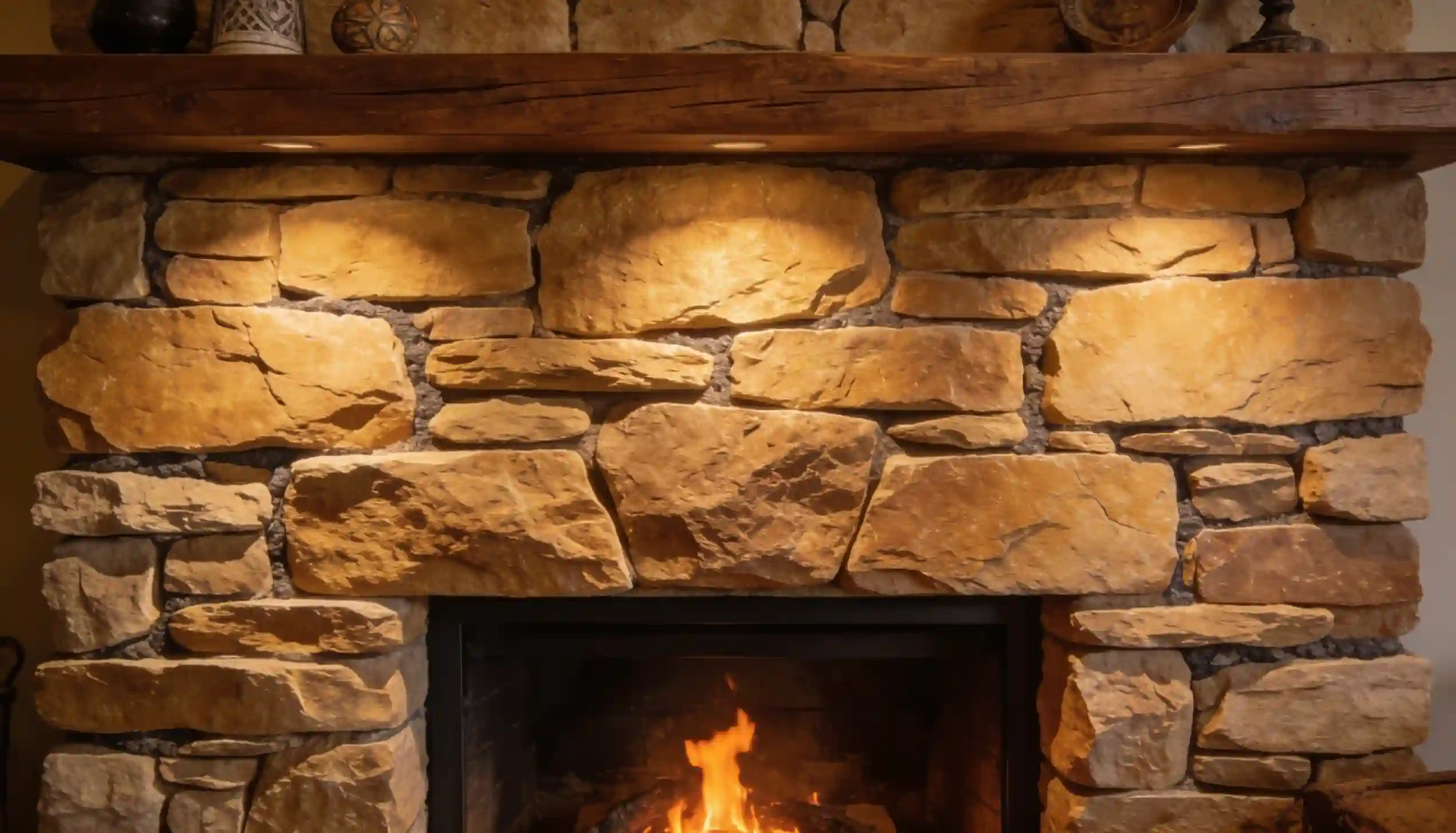 Warm, rustic stone fireplace with a rough-hewn wooden mantel and a visible fire.