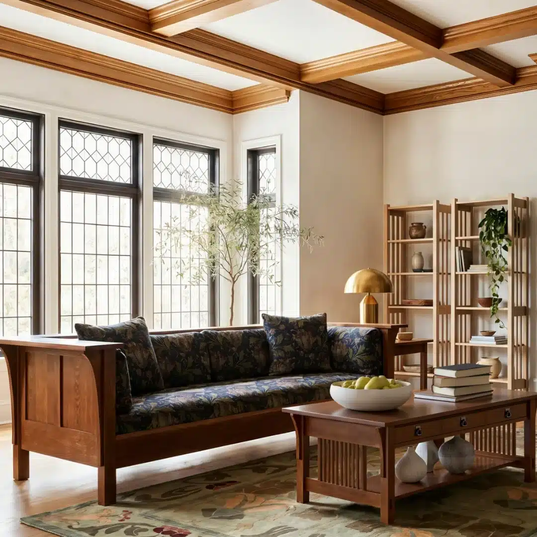 Craftsman-style living room with a floral sofa, solid wood coffee table, tall windows, wood shelving, and warm coffered ceiling.