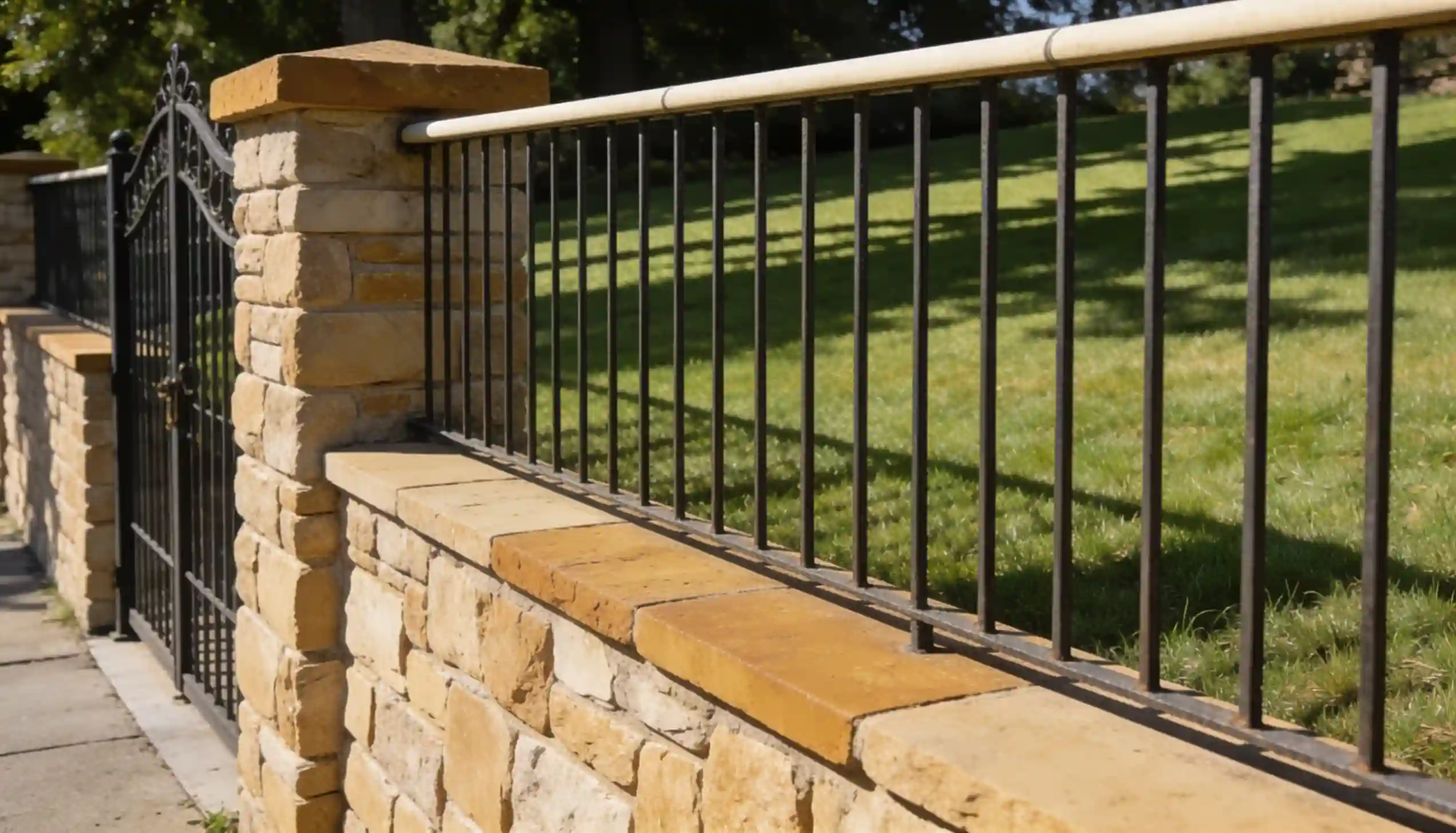 Stone wall with a black metal fence and gate bordering a grassy lawn.