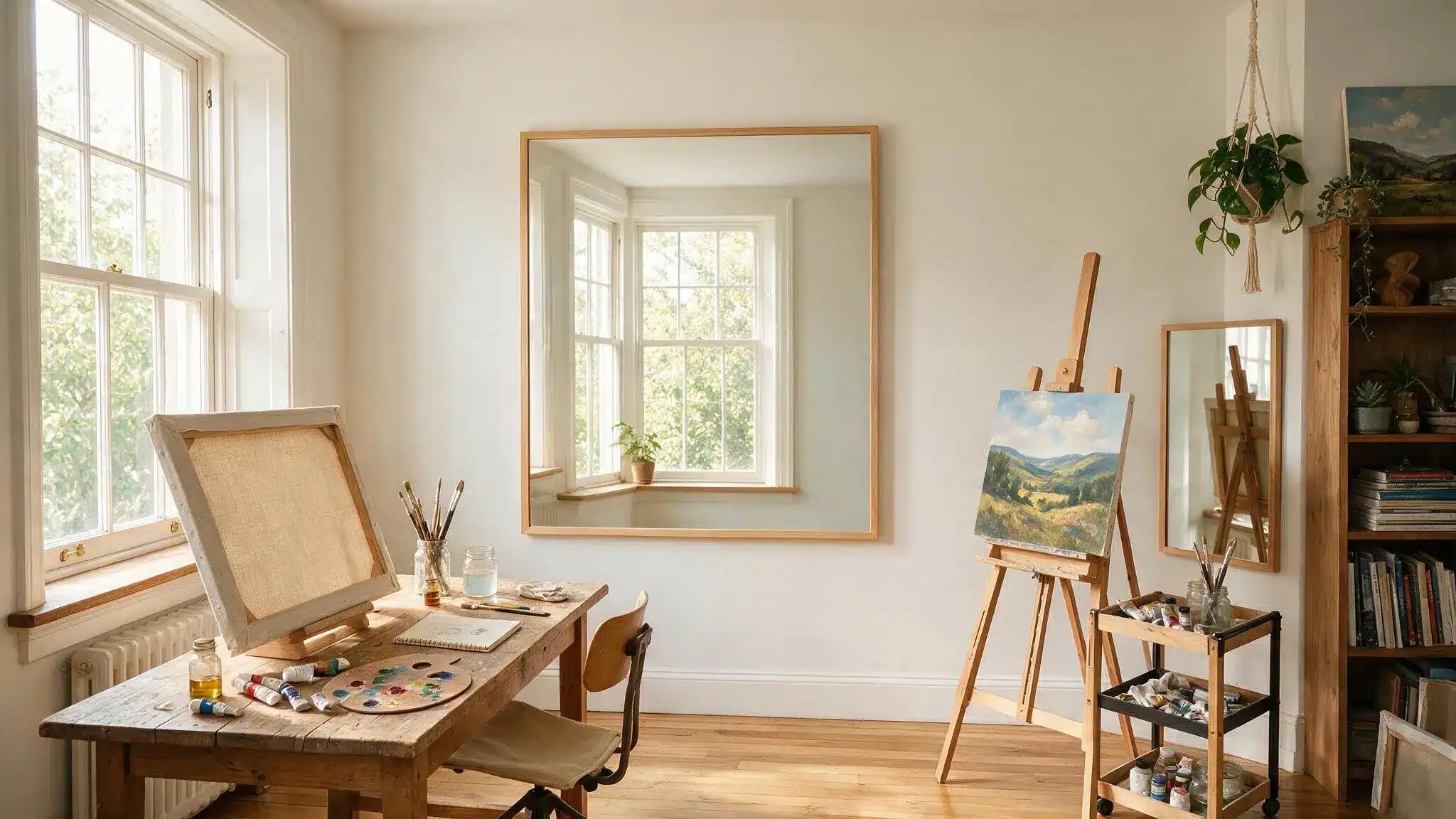 Sunlit small art studio with a large wall mirror, wooden worktable, easels, painting supplies, shelving, and greenery arranged to create a bright, open feel.