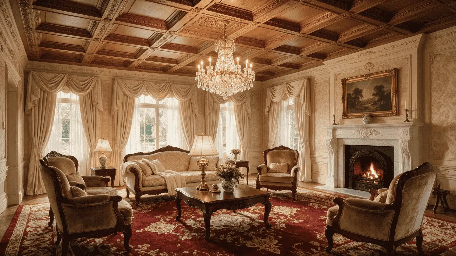 Traditional living room with ornate wood coffered ceiling and fireplace