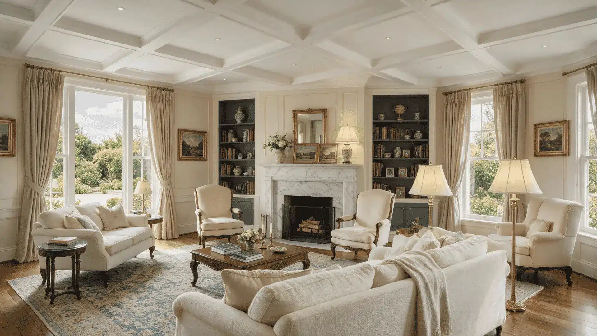Traditional living room with white coffered ceiling, fireplace, and tall windows