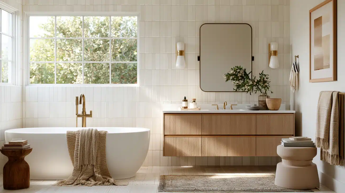 Transitional bathroom with a freestanding tub, warm white tile, wood vanity, brass fixtures, large window, soft textiles, and natural spa-like details.