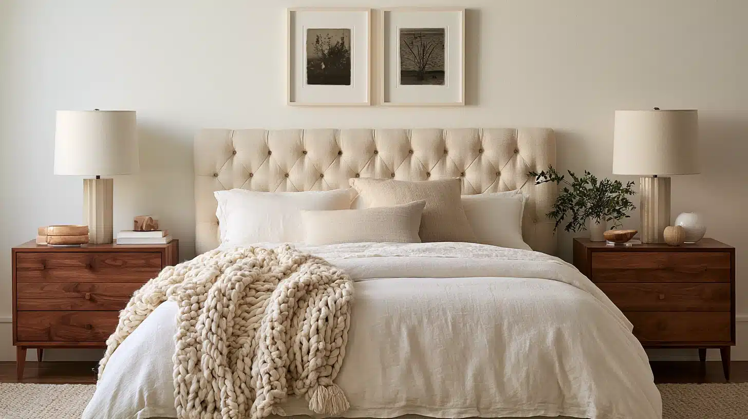 Transitional bedroom with a tufted linen headboard, white bedding, chunky knit throw, warm wood nightstands, ceramic lamps, and simple framed art.