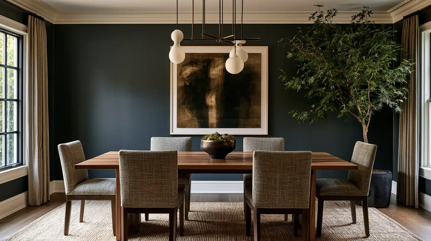 Transitional dining room with a wood table, upholstered chairs, modern chandelier, dark walls, soft curtains, large artwork, textured rug, and a tall indoor tree.