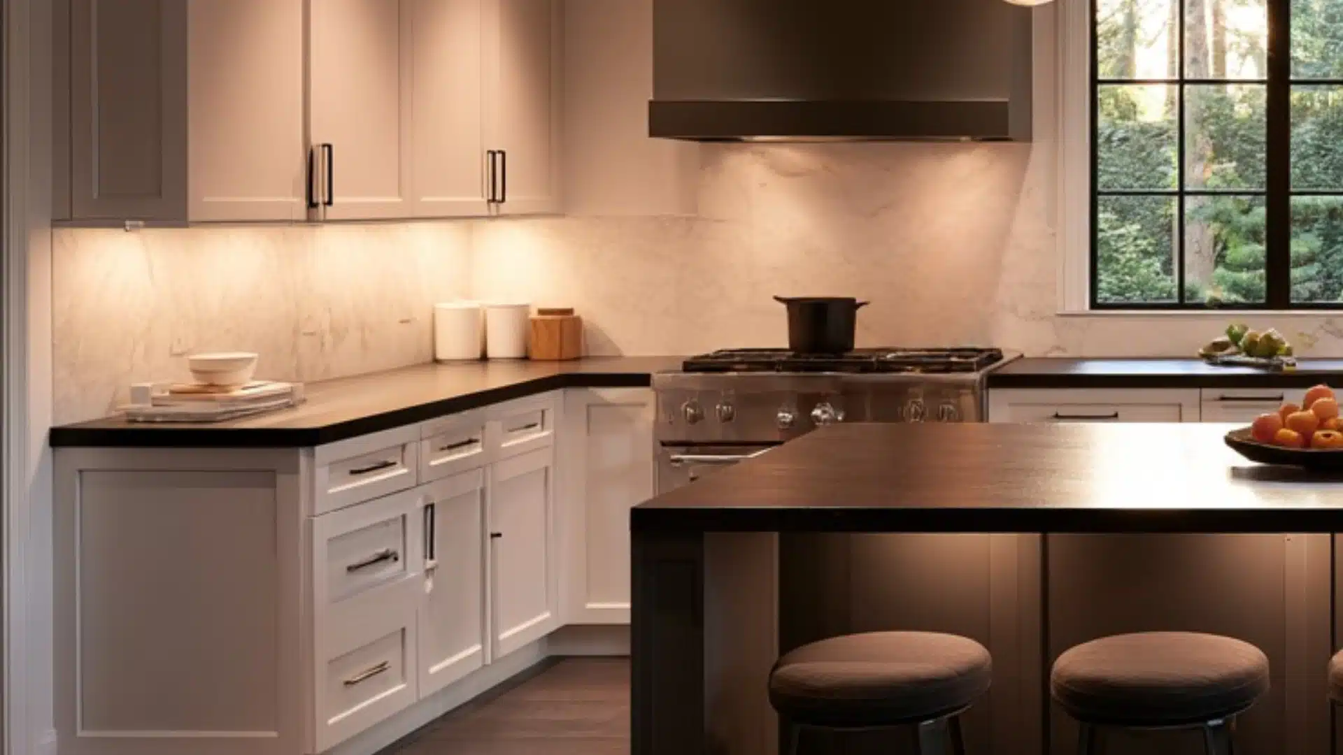Transitional kitchen with white cabinets, dark counters, marble backsplash, large island, and black-framed windows.