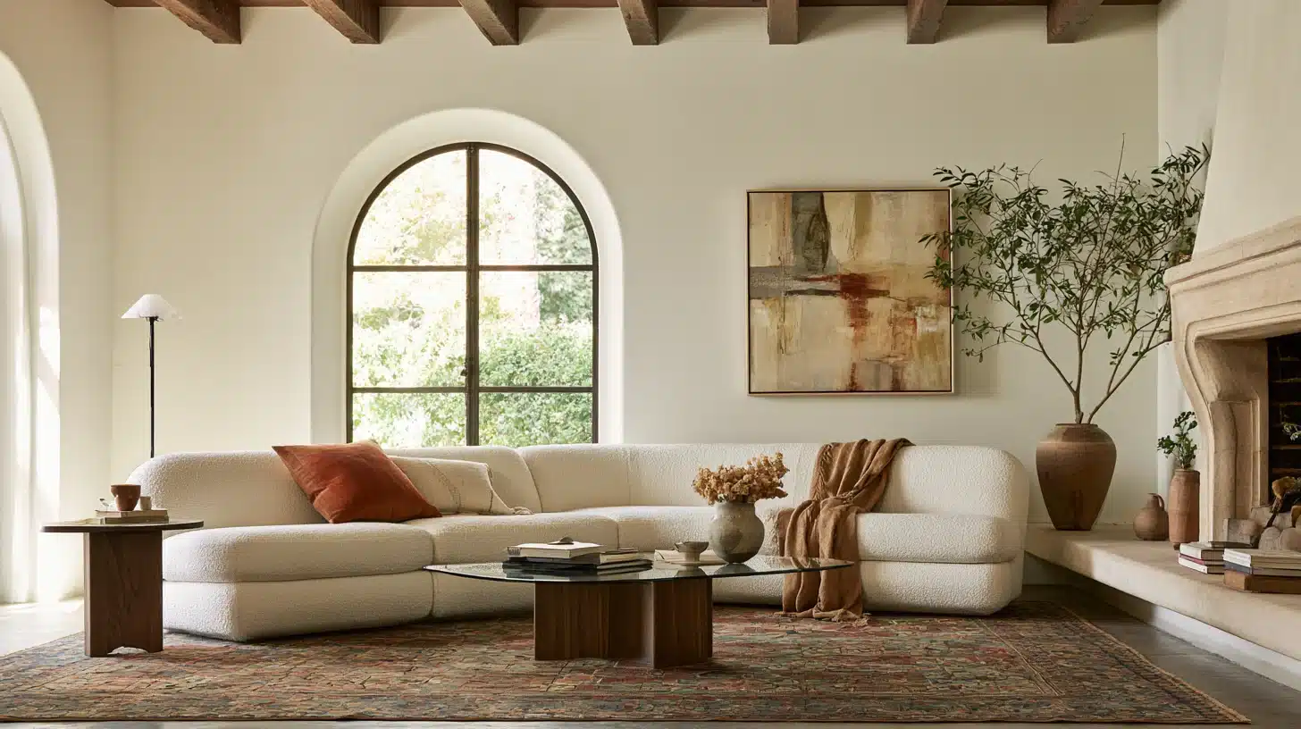 Transitional living room with a curved boucle sofa, glass coffee table, wood beams, arched window, patterned rug, and stone fireplace.