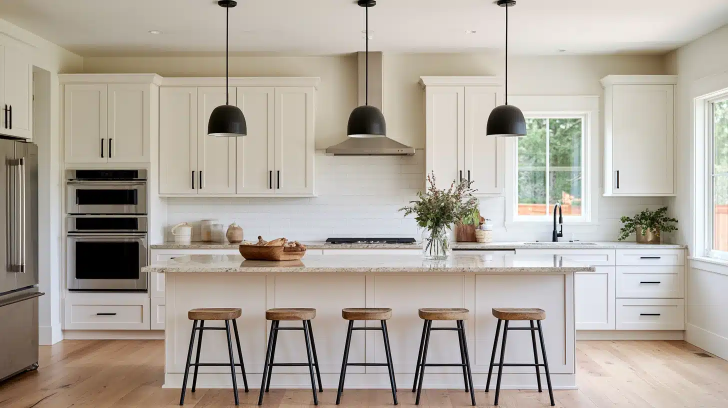 Transitional kitchen with white Shaker cabinets, stone counters, black pendant lights, a large island, wood stools, and warm natural light.