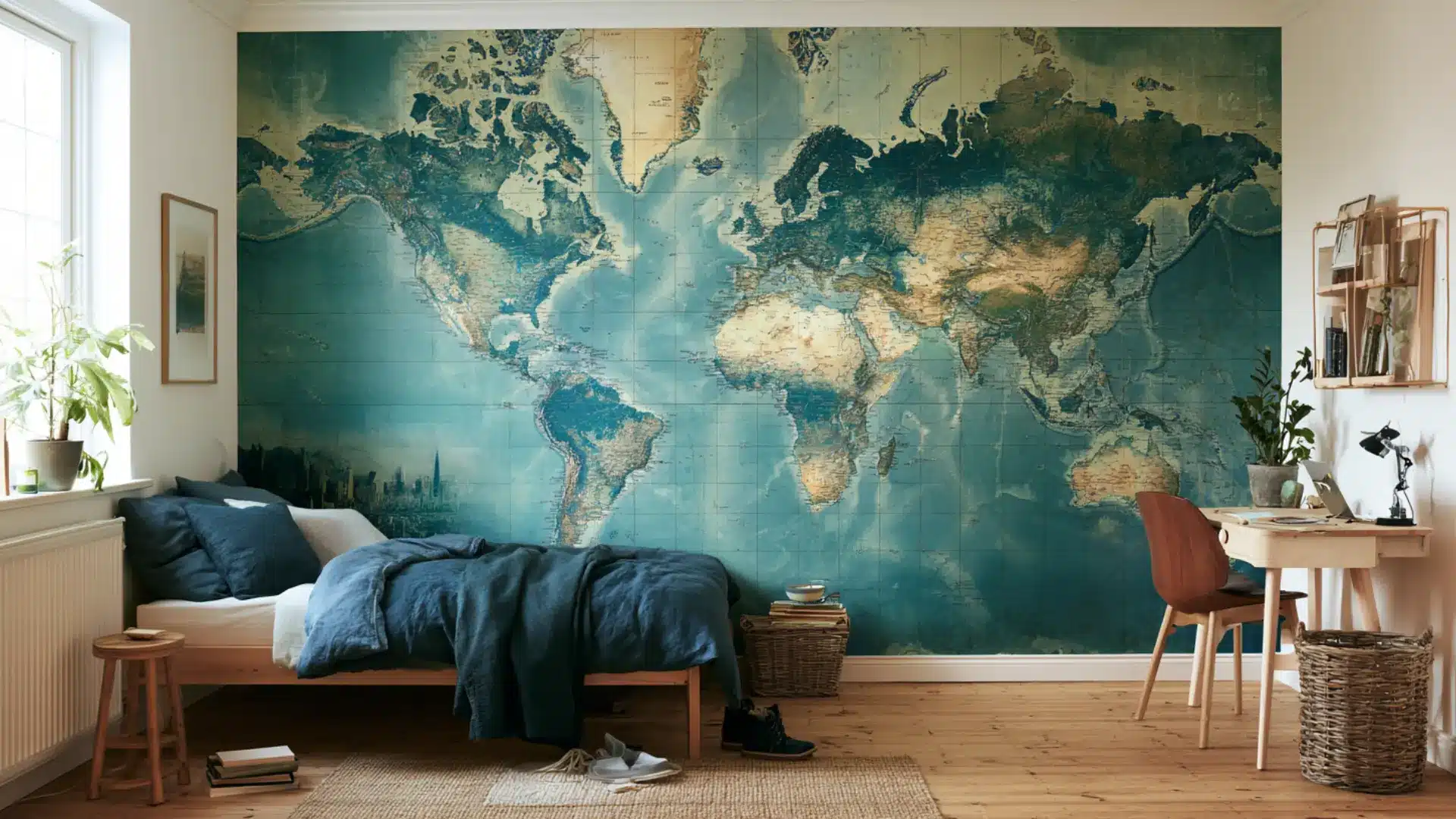 Travel-themed bedroom with a large world map mural, blue bedding, wooden furniture, plants, and a compact study desk.