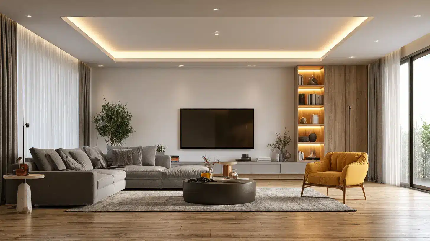 Modern living room with gray sectional sofa, yellow armchair, wall-mounted TV, built-in shelves with lights, round coffee table, large rug, and wood flooring.