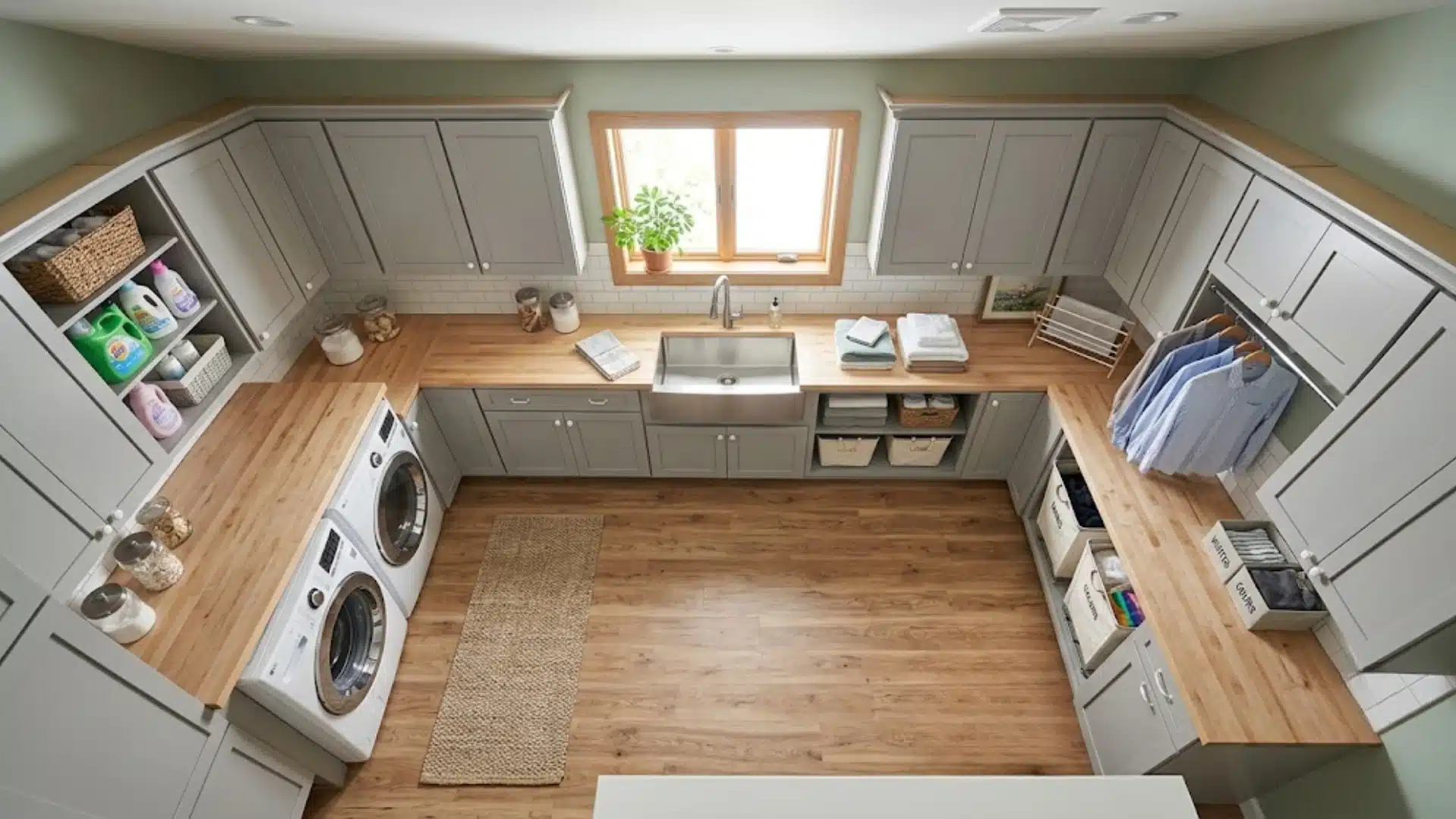 U-shaped laundry room with gray cabinets, wood counters, sink, and appliances.