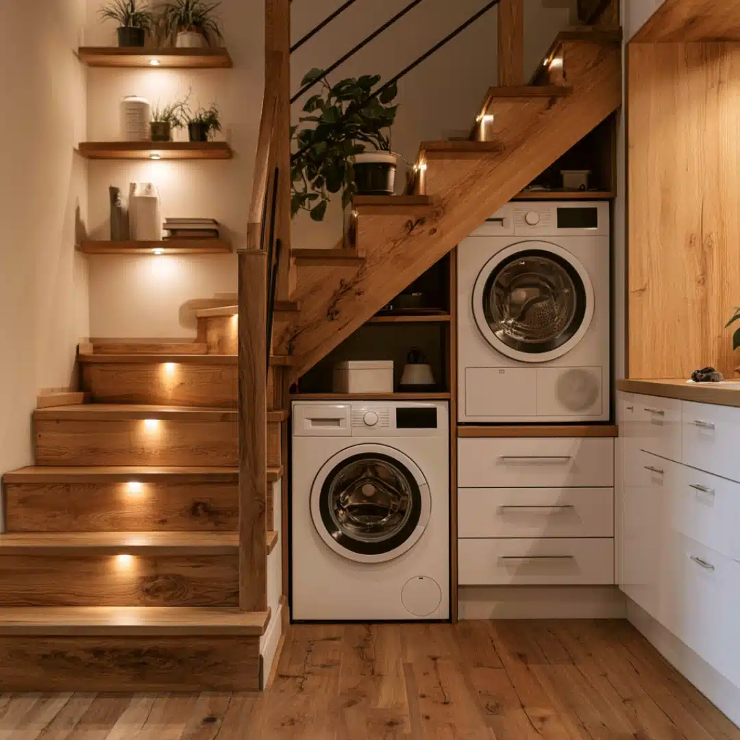 Compact under stair laundry nook with two machines, drawers, shelves, and wood trim.