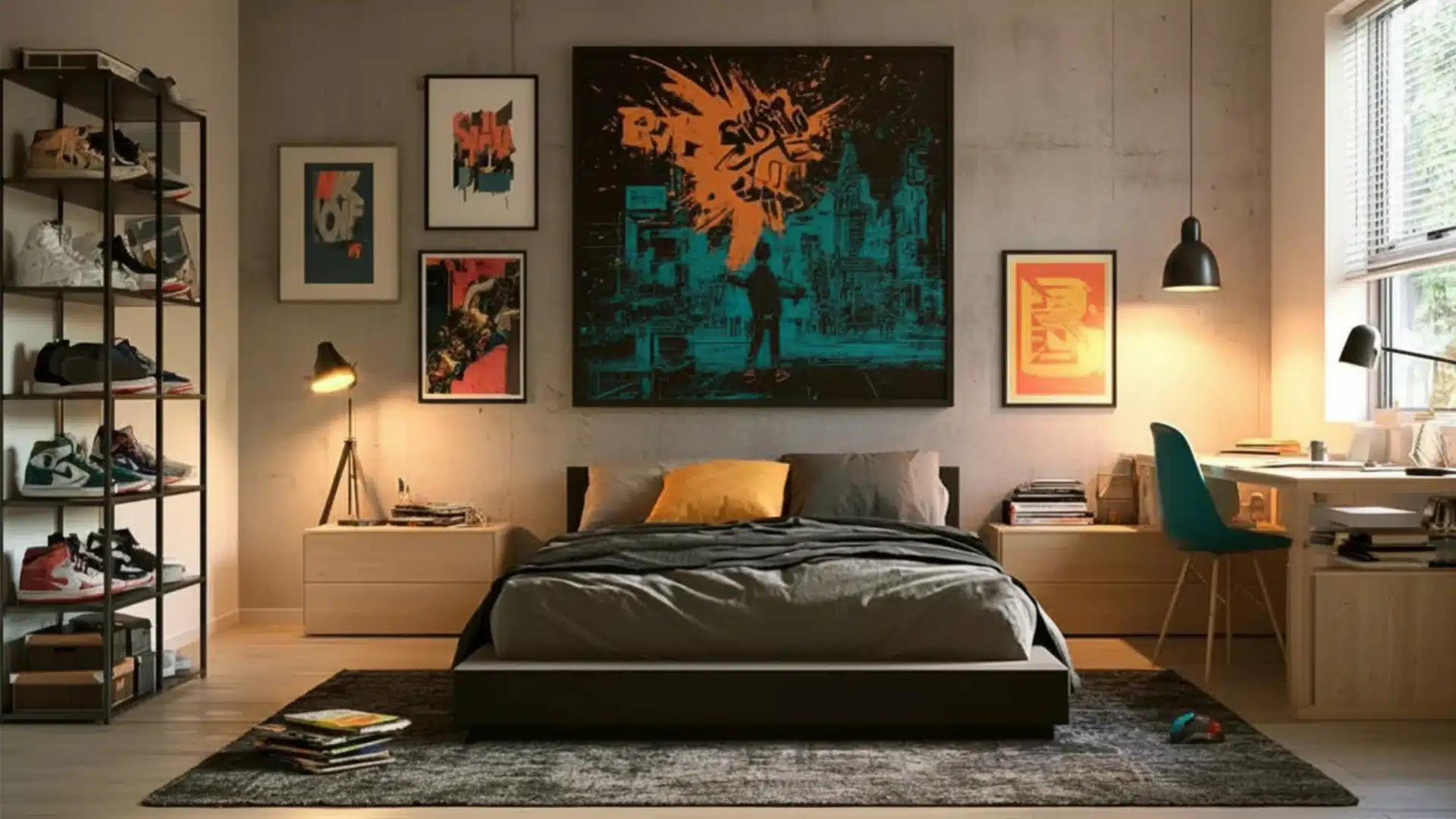 Urban-style bedroom with street art, sneaker display, minimalist furniture, workspace, and warm industrial lighting.