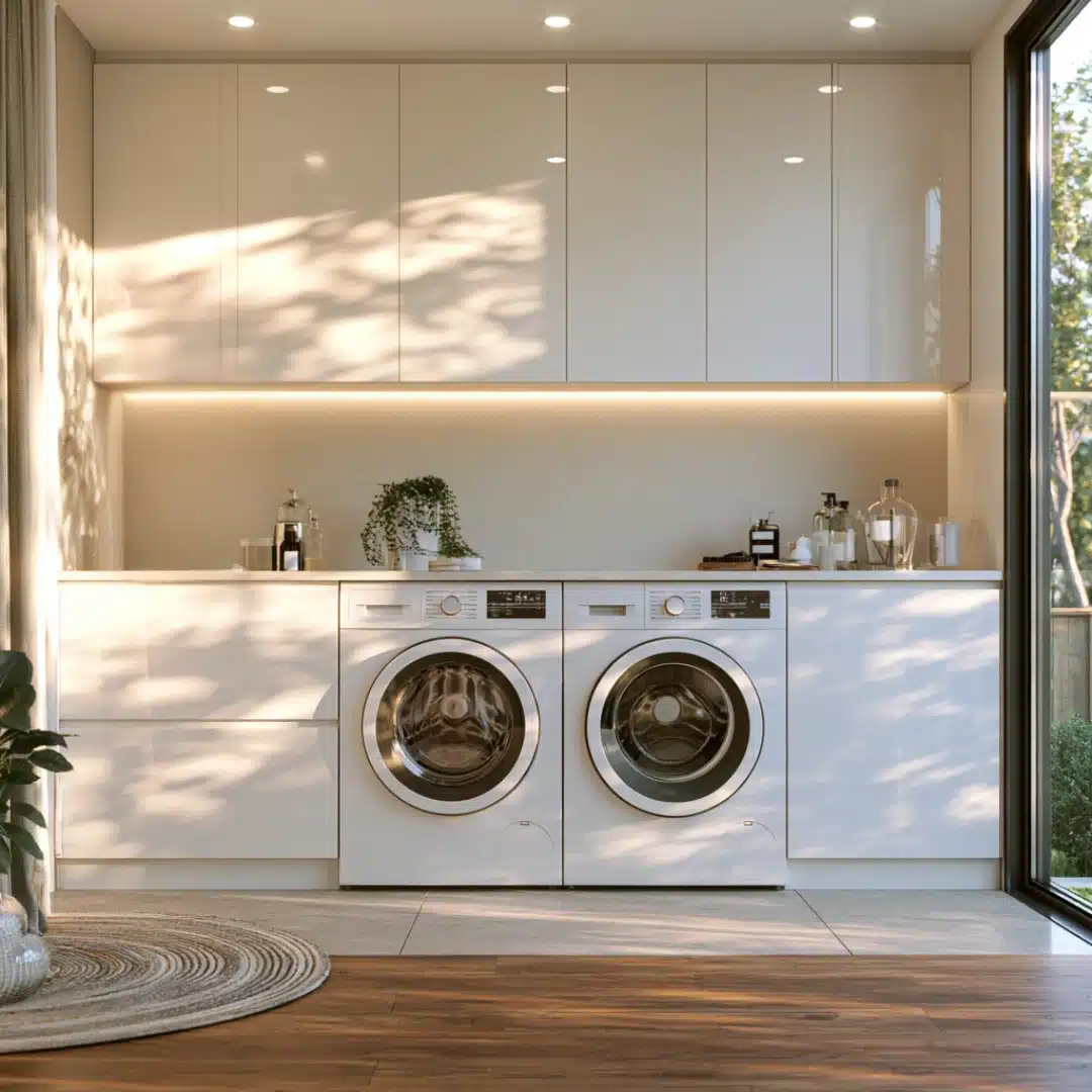 Handle free white laundry cabinets with twin washers and soft underlighting.