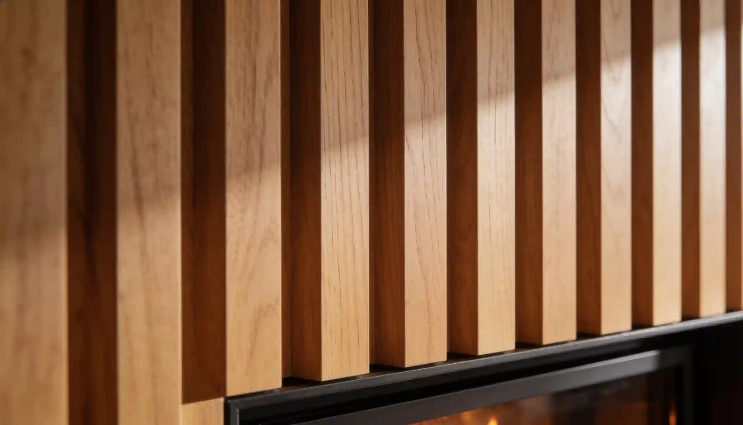 Close-up of vertical wooden slats above a black fireplace opening.