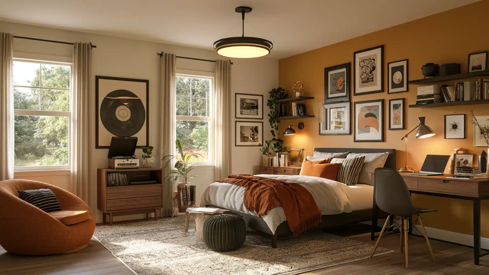 Vintage retro bedroom with warm orange accents, record player, framed art, wooden furniture, cozy seating, and a study desk.
