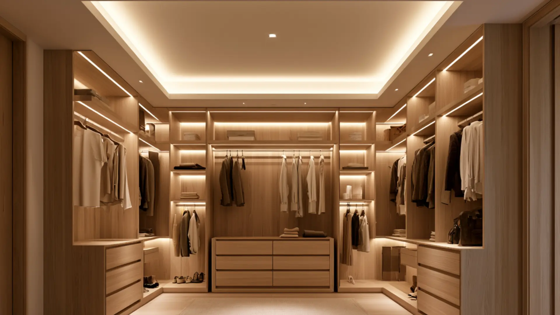 Walk-in closet with illuminated wooden shelving, hanging clothes, drawers, shoes, and a central island.