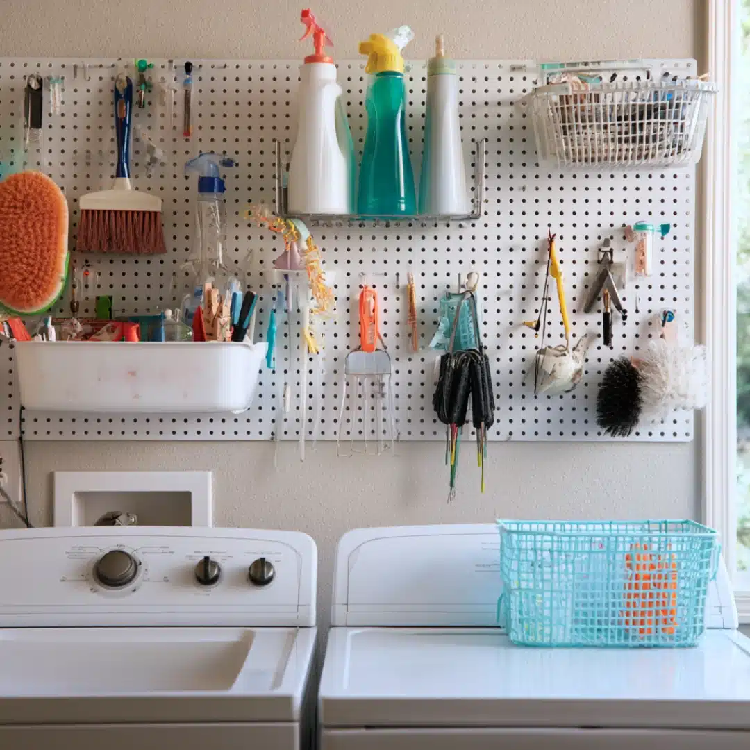 Wall mounted pegboard holding cleaning sprays, brushes, baskets, and laundry tools.