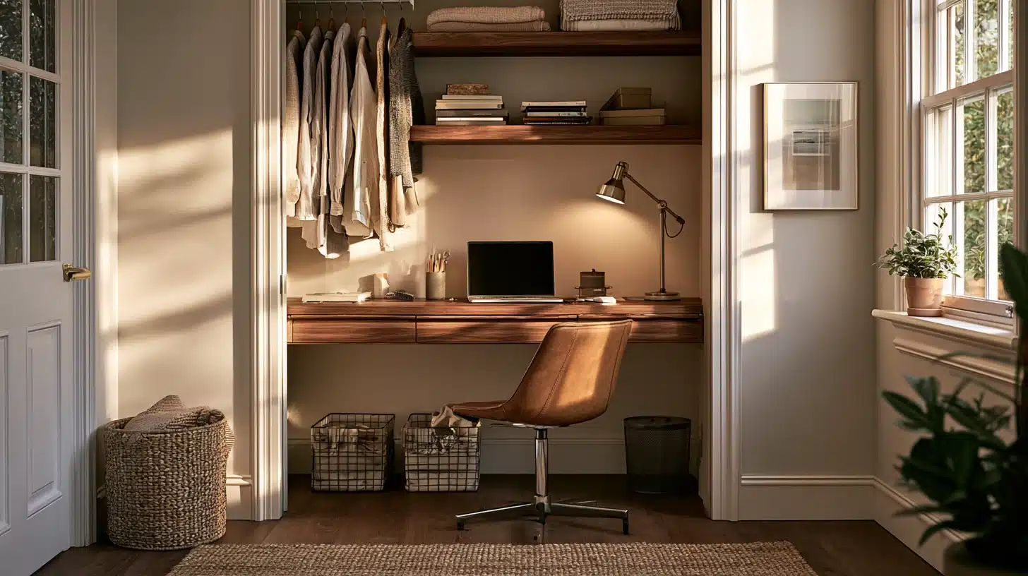 Warm, sunlit home office nook with a wooden desk, computer monitor, leather swivel chair, open clothing shelves, baskets, framed art, and potted plants by the windows.