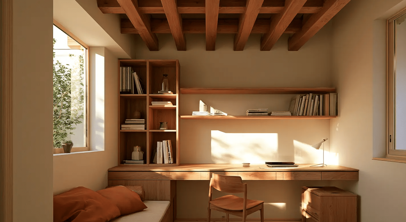 Warm wood-paneled study-bedroom with a desk, chair, bookshelves, single bed, and sunlight through two windows.