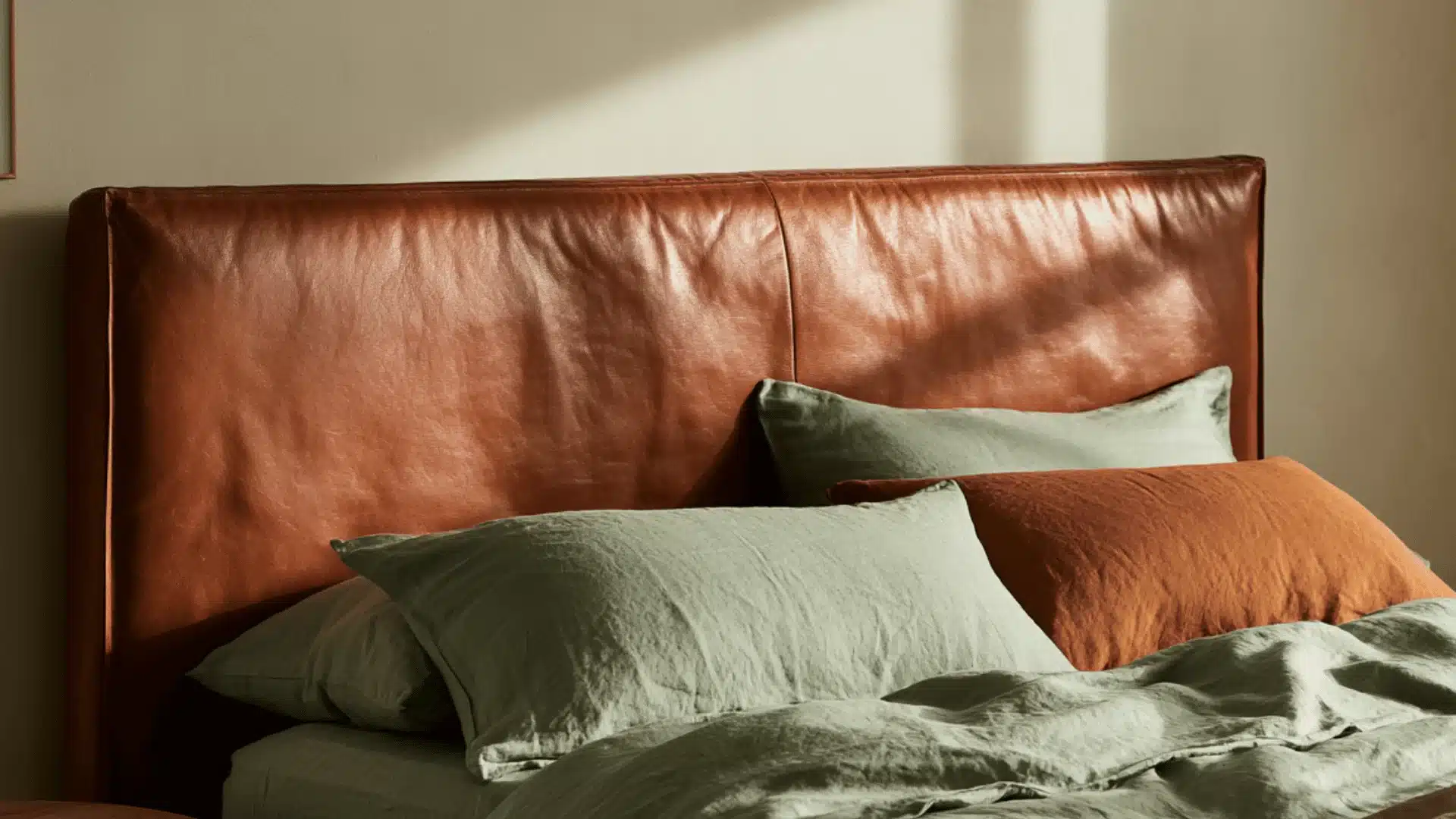 Sage green bedding on a bed with a cognac brown leather headboard