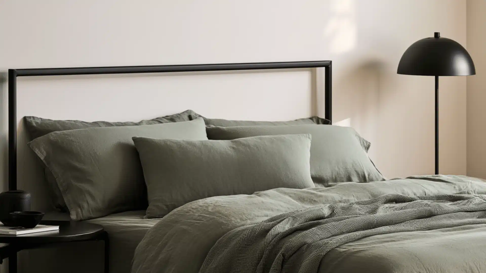 Sage green bedding on a bed with a minimal black metal frame