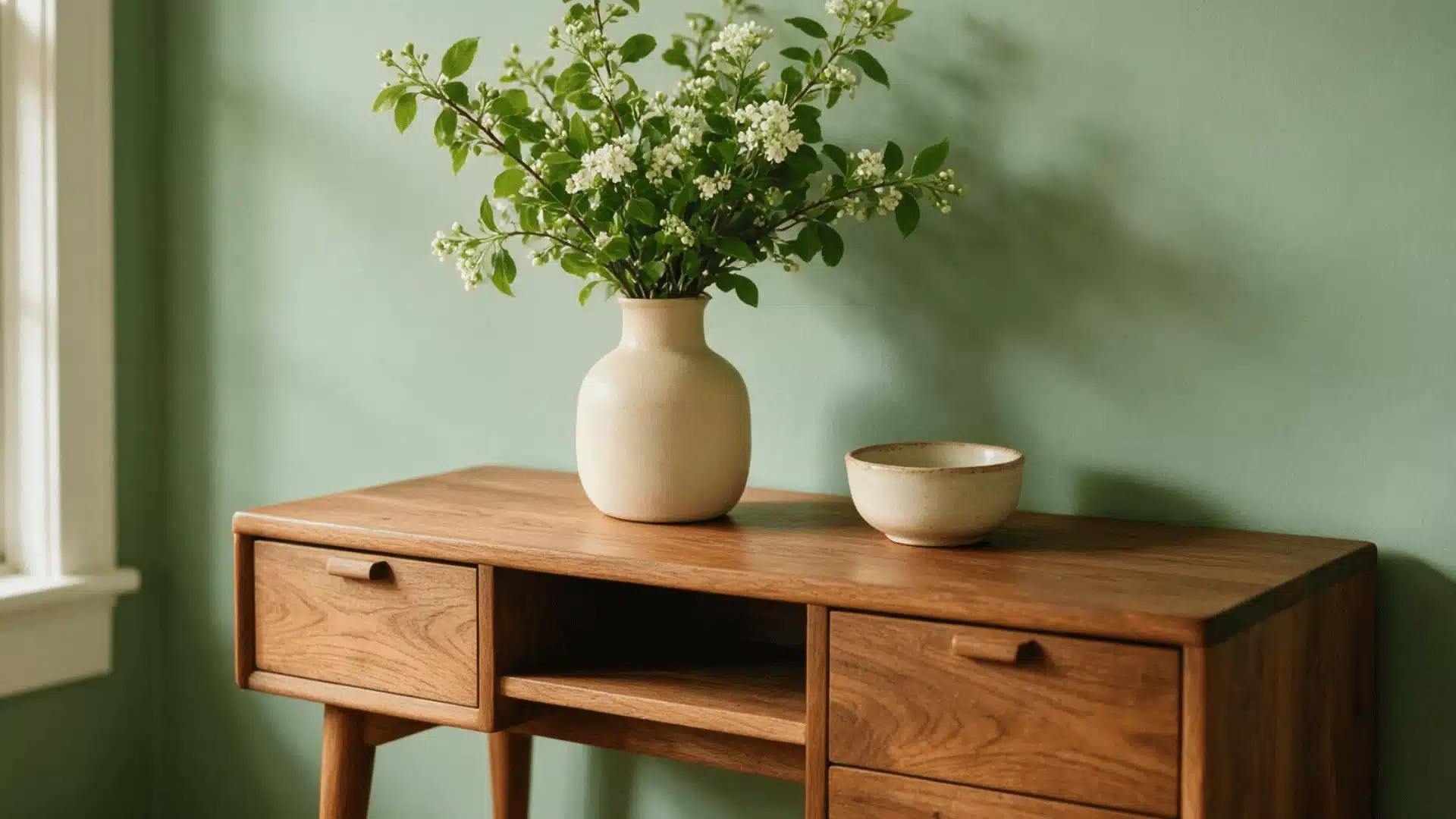 Wooden console desk with vase against a sage green wall