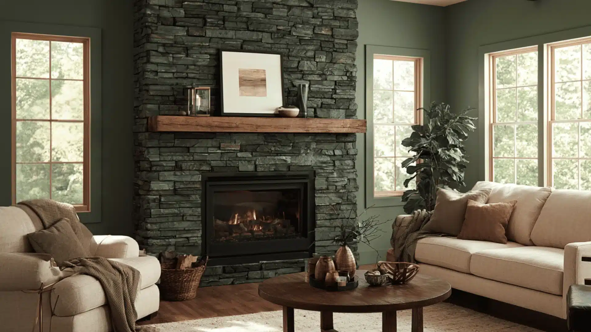 Stone fireplace and beige sofas in a sage green living room