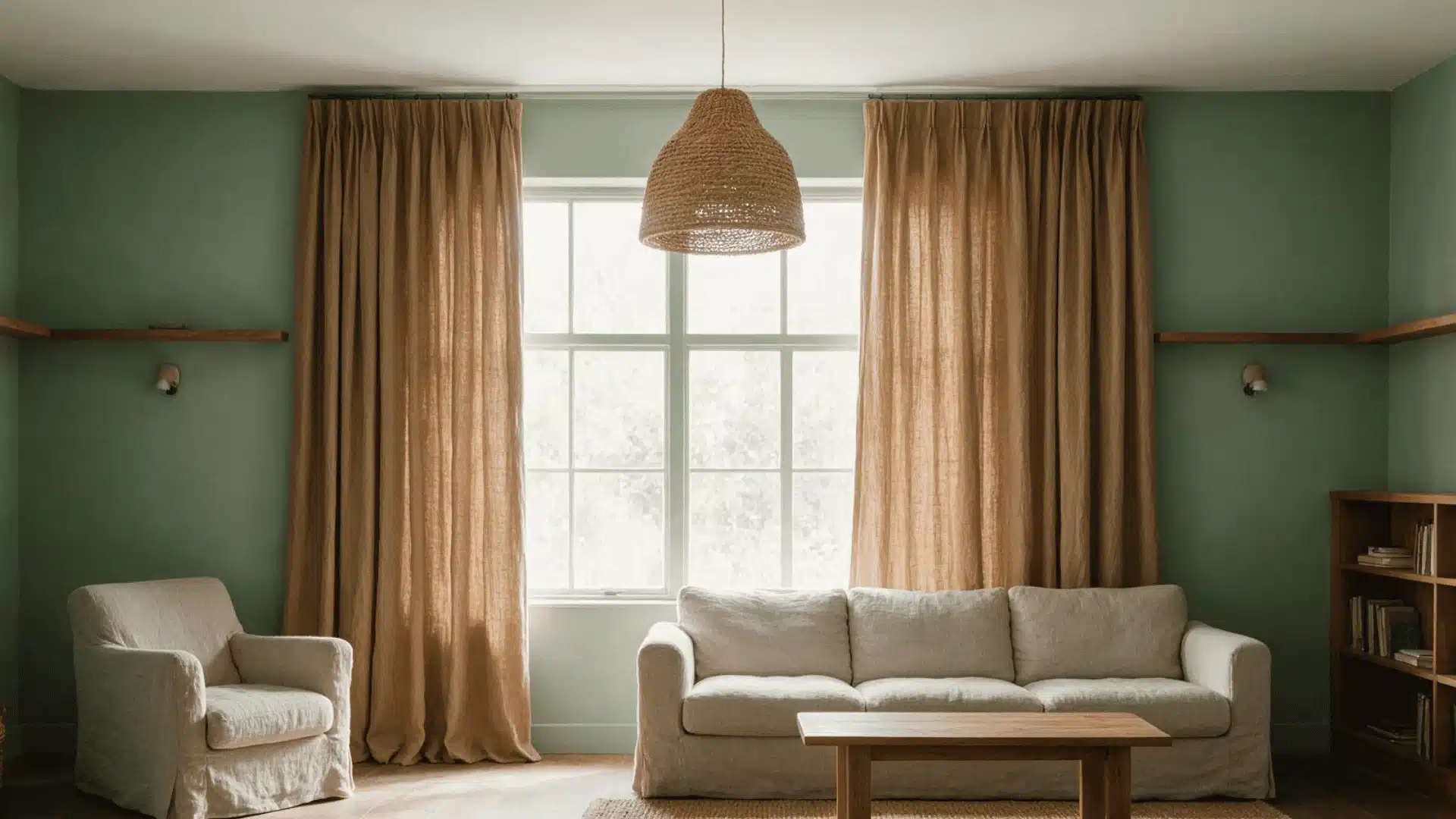 camel curtains and beige sofa against sage green walls