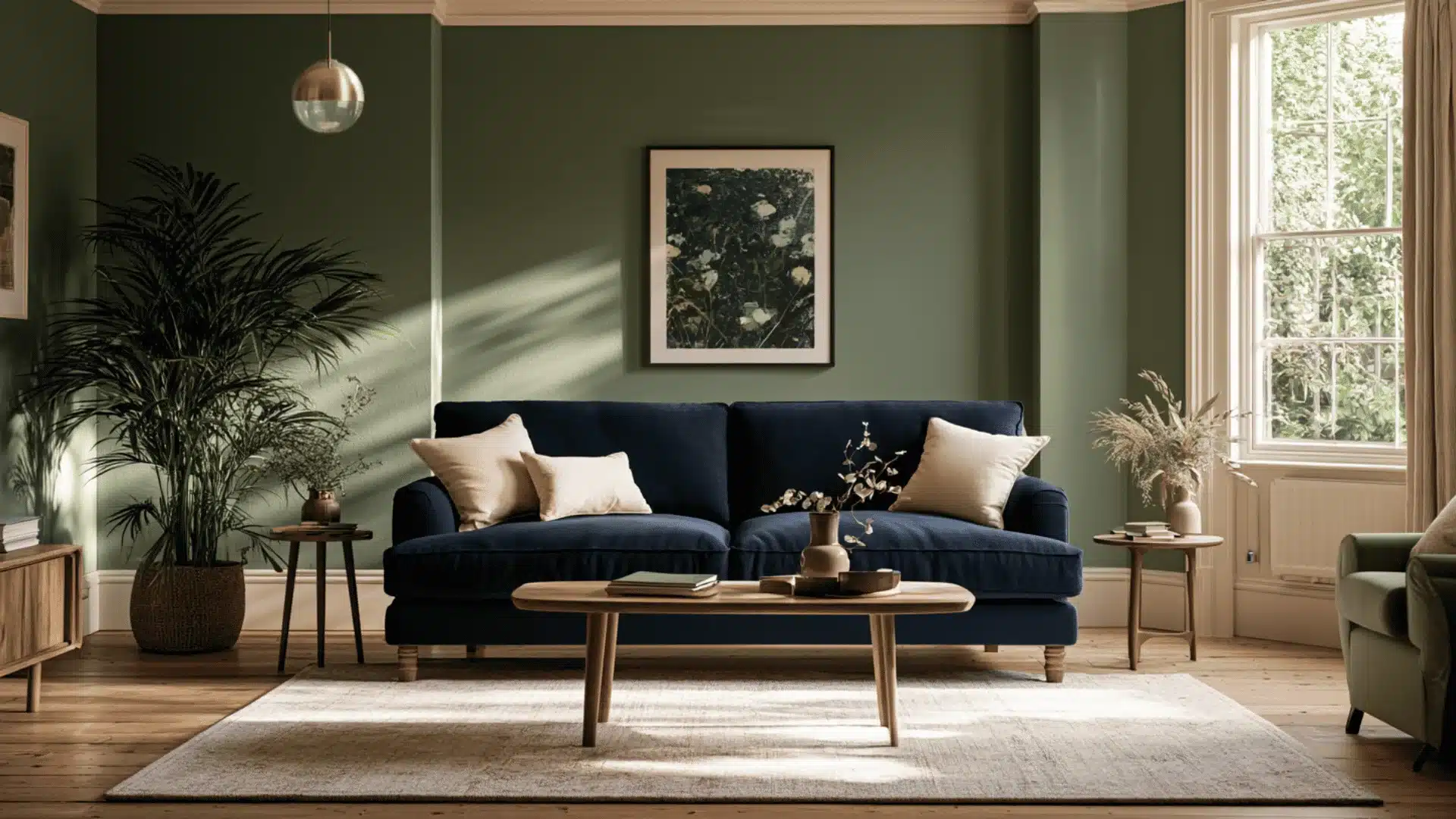 Dark blue sofa with cream pillows in a sage green living room
