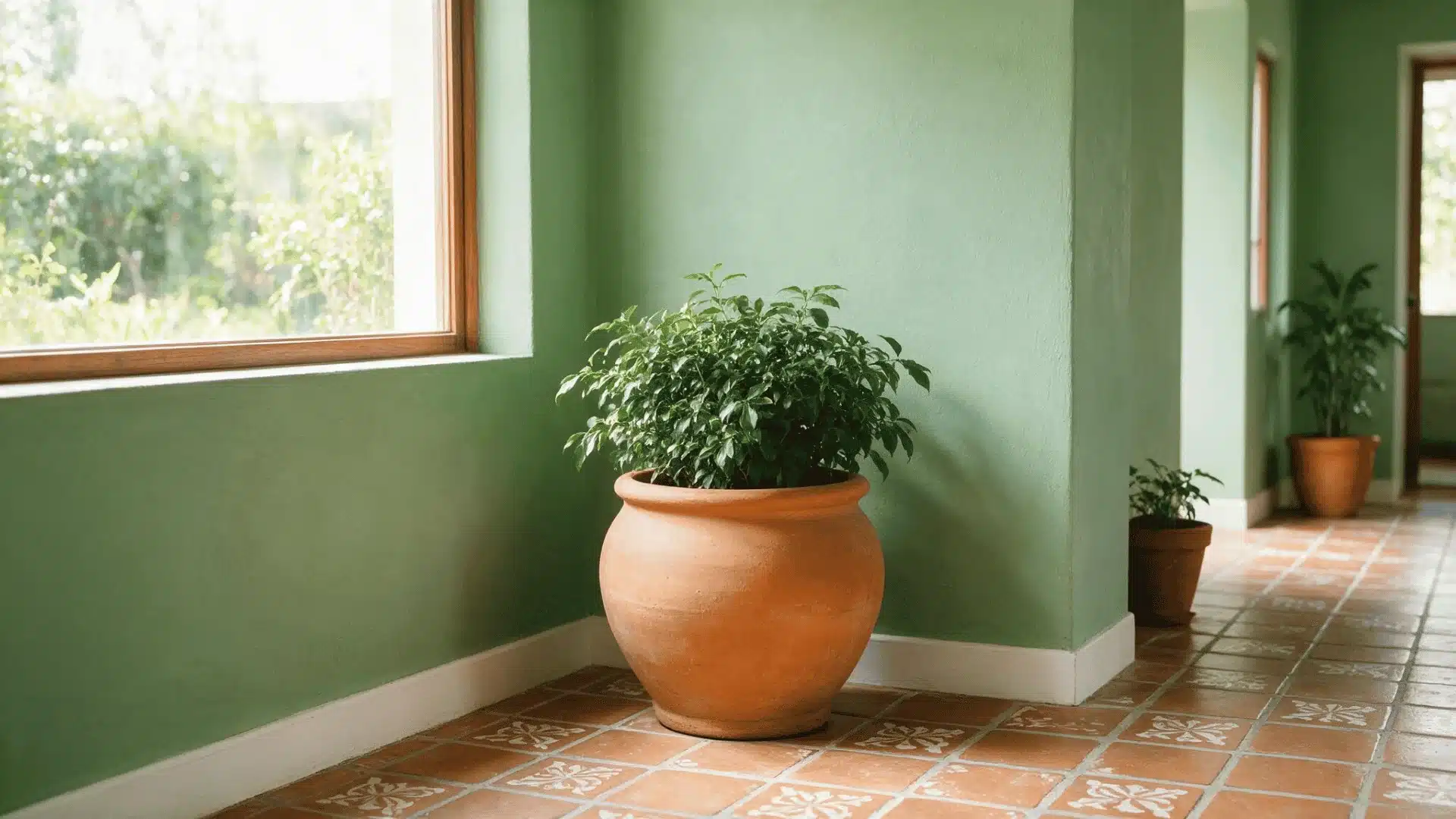 Terracotta potted plant on tile floor against sage green walls