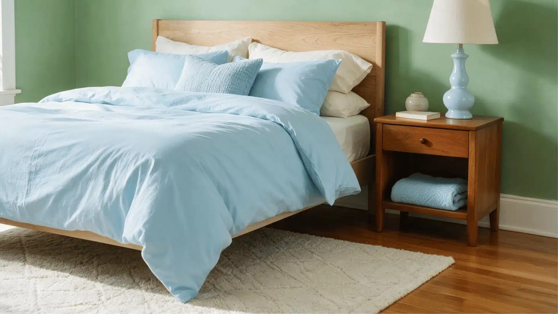 Light blue bedding on a wooden bed in a sage green bedroom