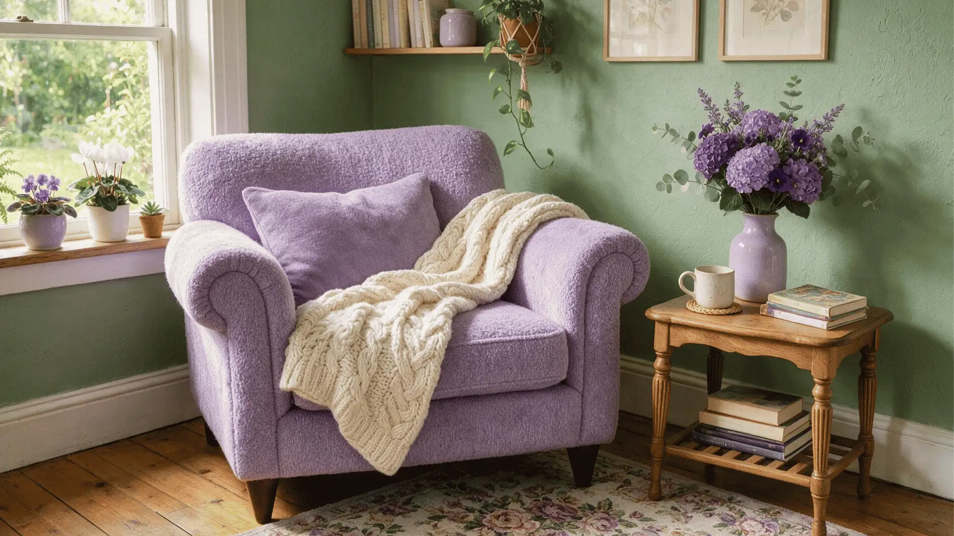 Purple armchair with cozy throw against sage green walls