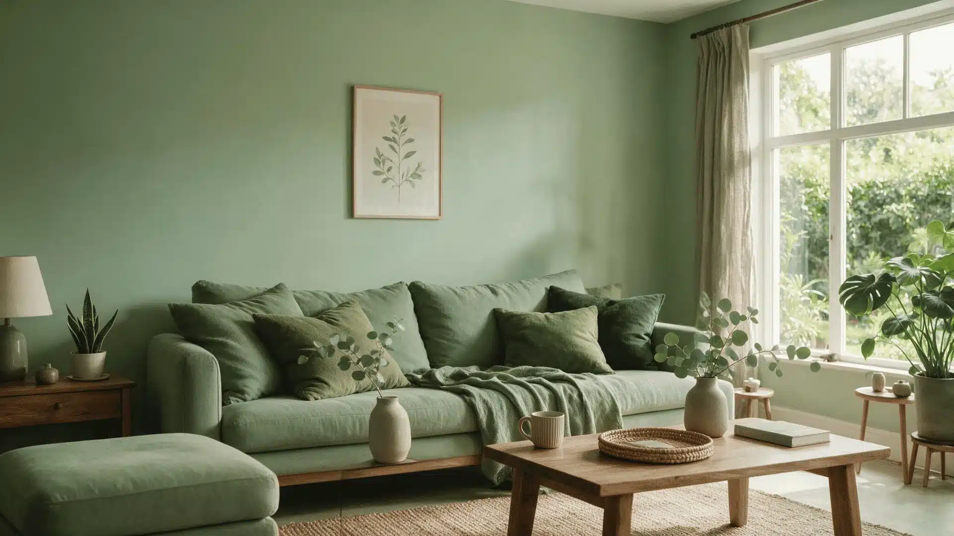 Sage green sofa and matching walls in a bright living room