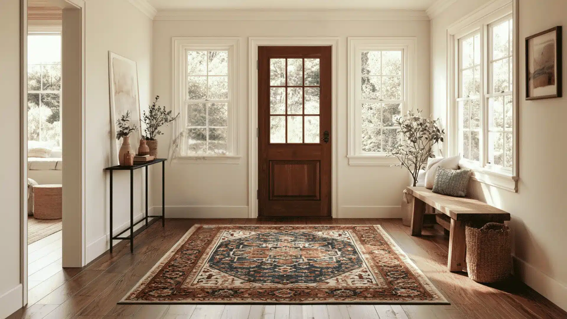 5x7 patterned rug centered in a bright entryway with bench and console table.