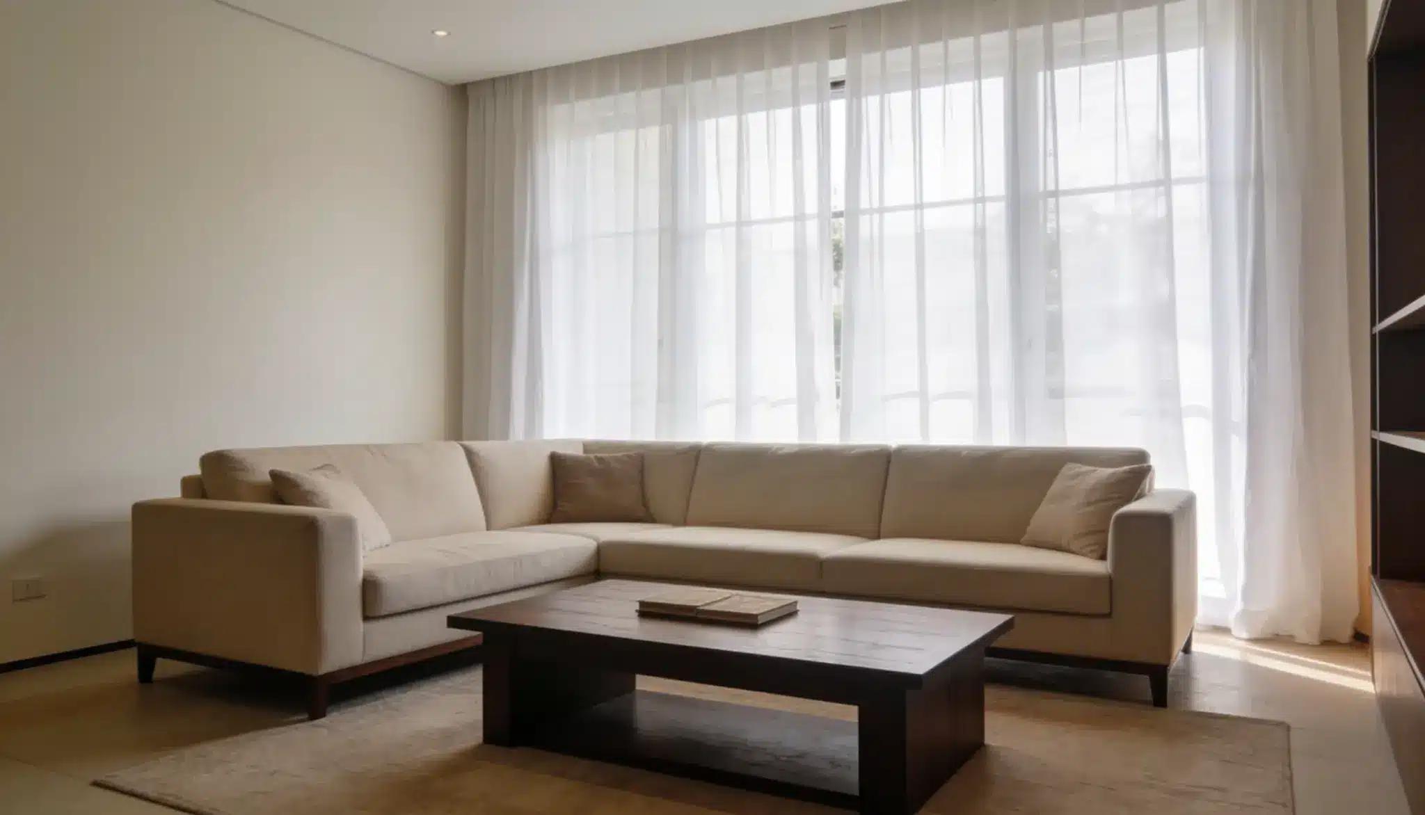 A beige L shaped sofa and a wooden coffee table are placed on a light rug in a living room with large windows covered by sheer white curtains